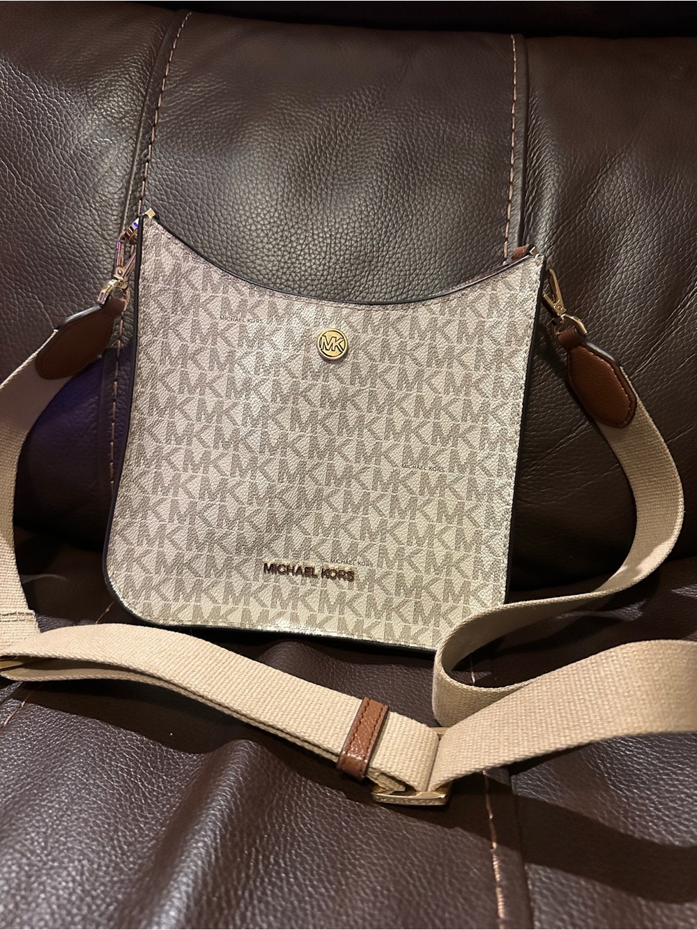 Michael Kors Beige Signature Canvas Crossbody with Tan Trim